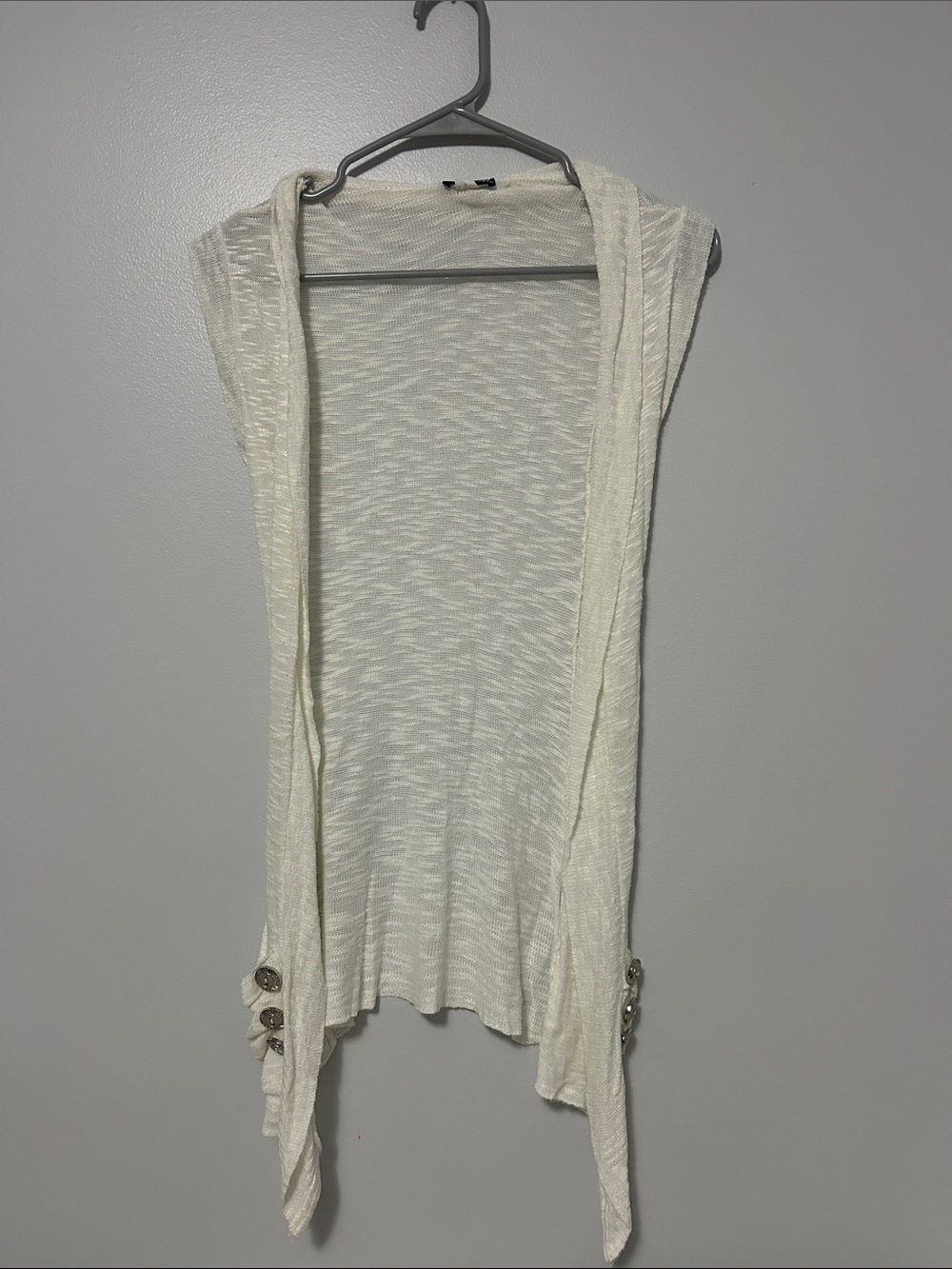 Wet Seal Cream Sleeveless Open Drape Cardigan with Button Detail
